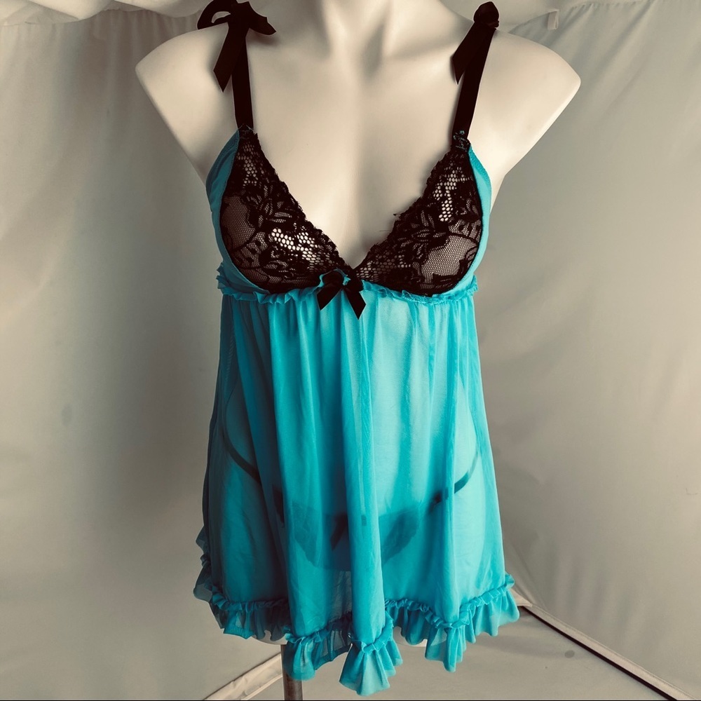 Hot Kiss turquoise and black babydoll and thong panty set M